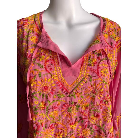 Embroidered Top Bohemian Tunic Flowers Vneck Hippy Sheer Pink Size Small - Picture 2 of 5